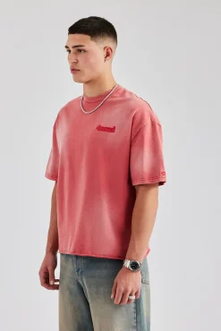 CLO-TOP-TEE Washed Boxy Distressed T-Shirt - Red