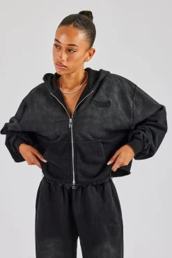 Women CLO-TOP-HS-HOOD Washed Boxy Fit Zip Through Hoodie - Black
