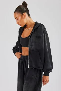 Women CLO-TOP-HS-HOOD Washed Boxy Fit Zip Through Hoodie - Black