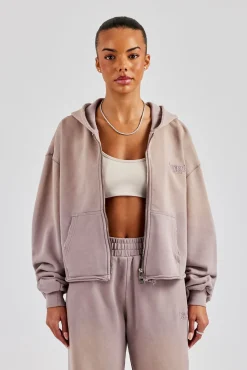 Women CLO-TOP-HS-HOOD Washed Boxy Fit Zip Through Hoodie - Mauve
