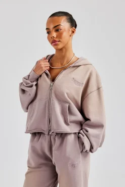 Women CLO-TOP-HS-HOOD Washed Boxy Fit Zip Through Hoodie - Mauve