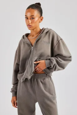Women CLO-TOP-HS-HOOD Washed Boxy Fit Zip Through Hoodie - Grey