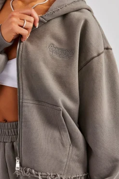 Women CLO-TOP-HS-HOOD Washed Boxy Fit Zip Through Hoodie - Grey