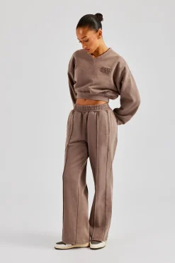 Women CLO-SET Washed Cropped V Neck Sweat & Wide Leg Jogger - Mauve