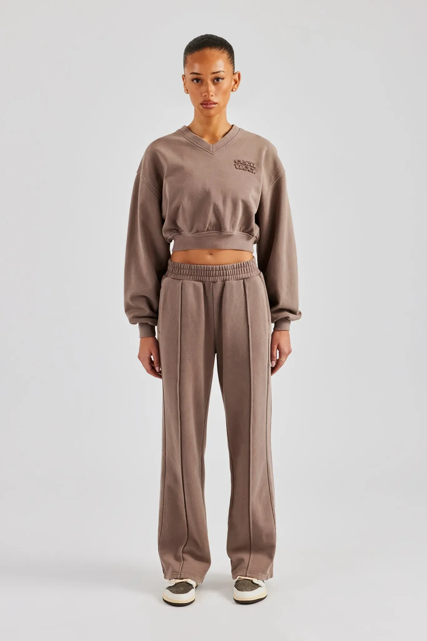 Women CLO-SET Washed Cropped V Neck Sweat & Wide Leg Jogger - Mauve