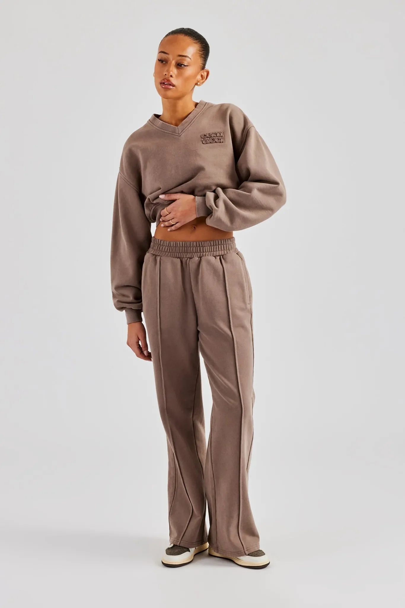 Women CLO-SET Washed Cropped V Neck Sweat & Wide Leg Jogger - Mauve