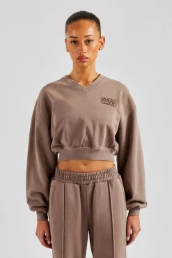 Women CLO-TOP-HS-SWE Washed Cropped V Neck Sweat - Mauve