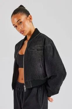 Women CLO-TOP-OUT-DEN Washed Denim Bomber Jacket - Black