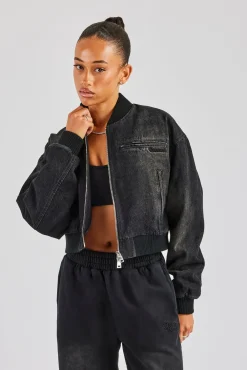 Women CLO-TOP-OUT-DEN Washed Denim Bomber Jacket - Black