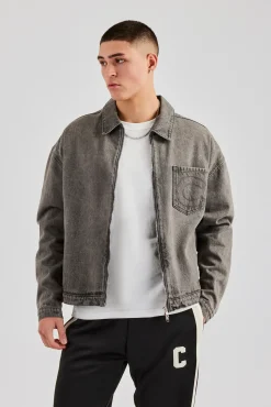CLO-TOP-OUT-DEN Washed Denim Harrington Jacket - Washed Grey