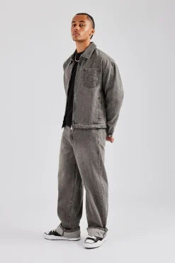 CLO-SET-DEN Washed Denim Harrington Jacket & Turn Up Baggy Jean - Washed Grey