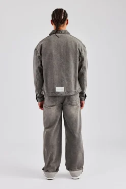 CLO-SET-DEN Washed Denim Harrington Jacket & Turn Up Baggy Jean - Washed Grey