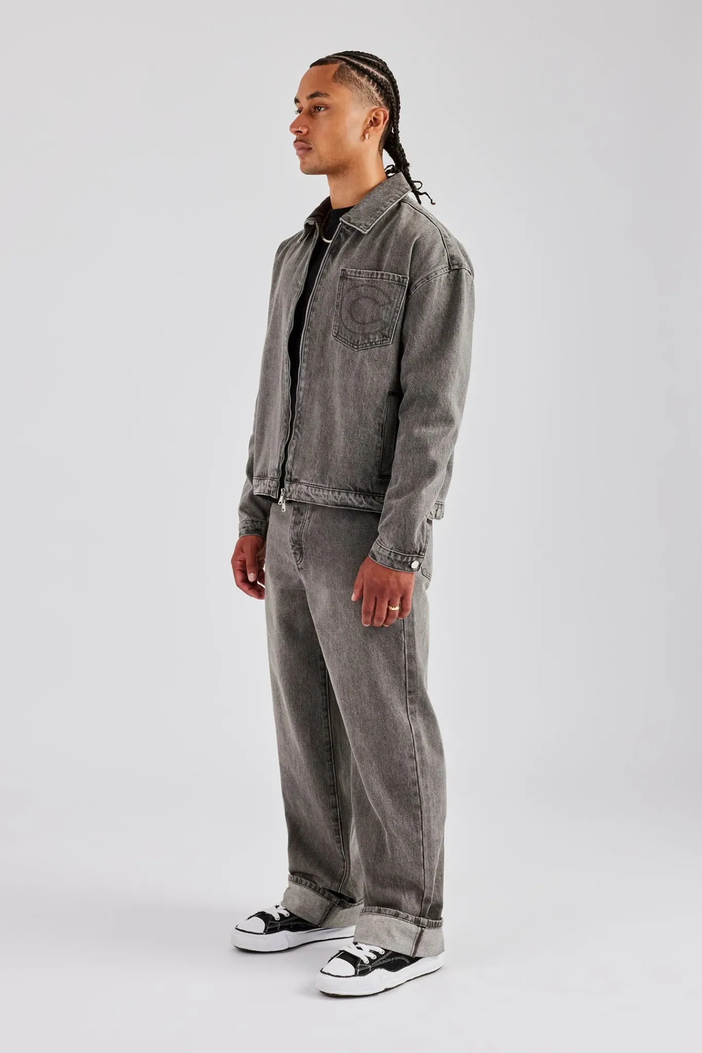 CLO-SET-DEN Washed Denim Harrington Jacket & Turn Up Baggy Jean - Washed Grey