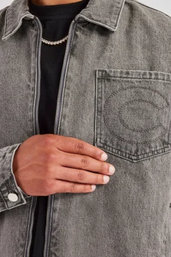 CLO-SET-DEN Washed Denim Harrington Jacket & Turn Up Baggy Jean - Washed Grey