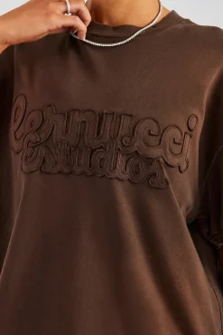 Women CLO-TOP-TEE Washed Embroidered Body T-Shirt - Brown