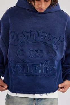 CLO-TOP-HS-HOOD Washed Embroidered Boxy Hoodie - Navy Blue