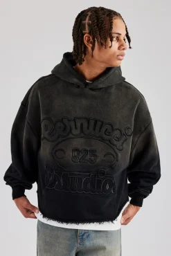 CLO-TOP-HS-HOOD Washed Embroidered Boxy Hoodie - Black