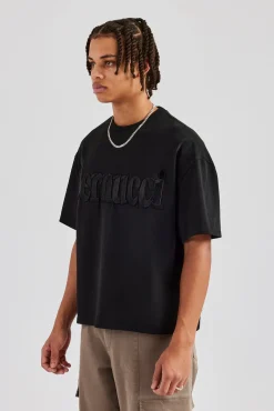 CLO-TOP-TEE Washed Embroidered Boxy T-Shirt - Black