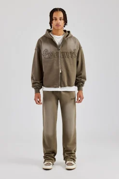 CLO-BOT-TRO Washed Flare Fit Panelled Jogger - Khaki