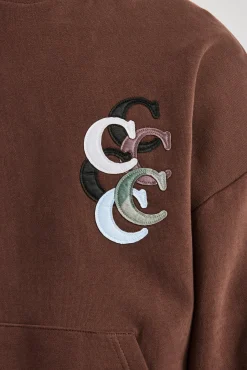 CLO-TOP-HS-HOOD Washed Layered Applique Hoodie - Chocolate