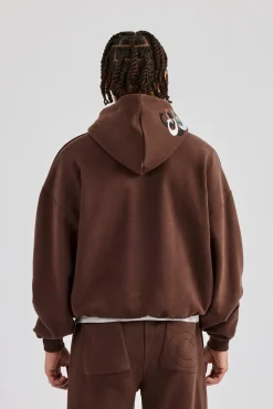 CLO-TOP-HS-HOOD Washed Layered Applique Hoodie - Chocolate