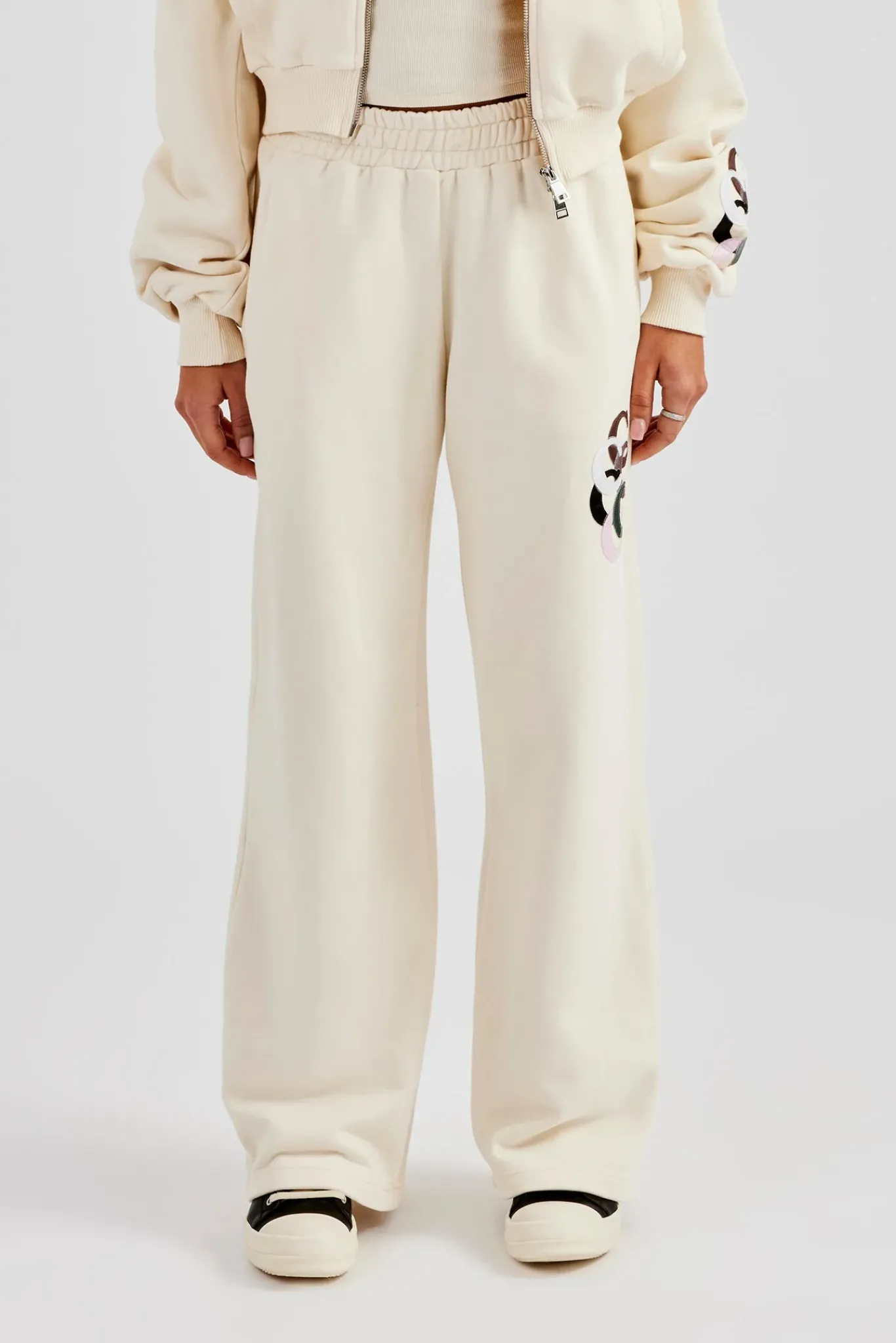 Women CLO-BOT-TRO Washed Layered Applique Wide Leg Jogger - Off White