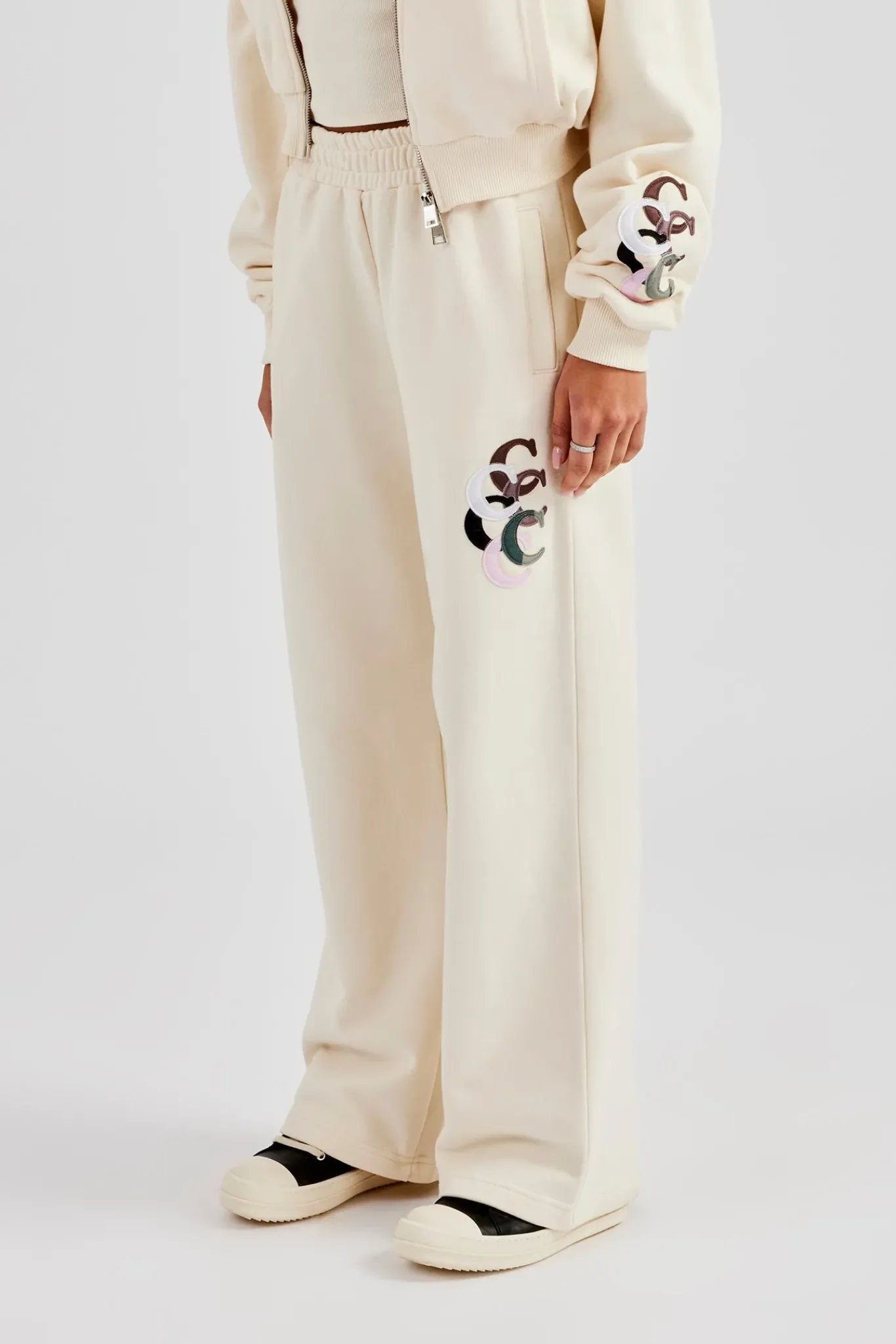 Women CLO-BOT-TRO Washed Layered Applique Wide Leg Jogger - Off White