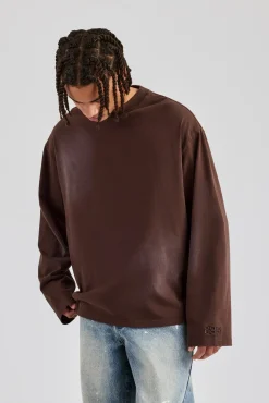 CLO-TOP-TEE Washed Oversized Long Sleeve T-Shirt - Chocolate
