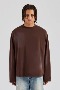CLO-TOP-TEE Washed Oversized Long Sleeve T-Shirt - Chocolate