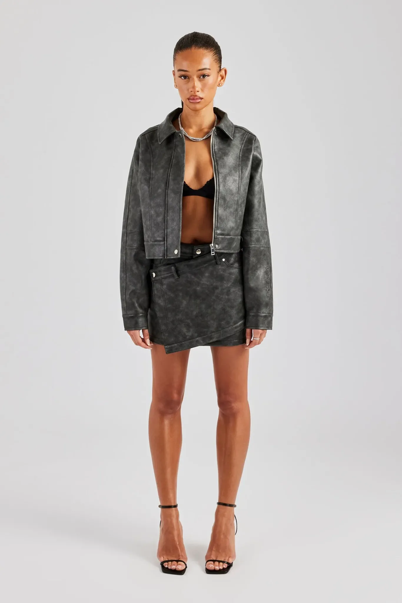Women CLO-SET Washed Oversized PU Jacket & Mini Skirt - Charcoal
