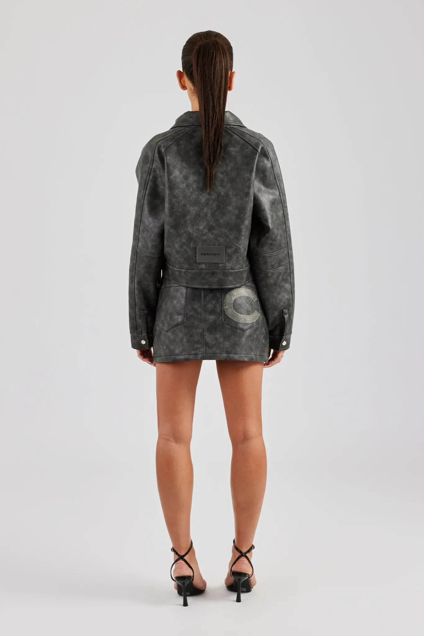 Women CLO-SET Washed Oversized PU Jacket & Mini Skirt - Charcoal