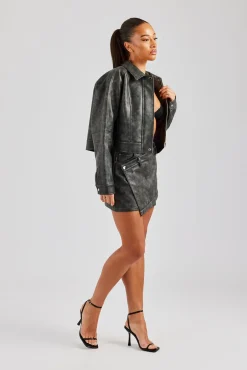 Women CLO-SET Washed Oversized PU Jacket & Mini Skirt - Charcoal