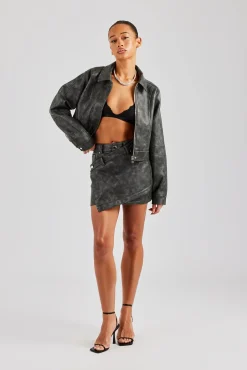 Women CLO-SET Washed Oversized PU Jacket & Mini Skirt - Charcoal