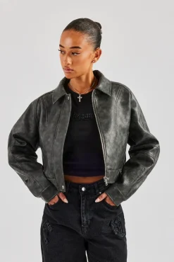 Women CLO-TOP-OUT Washed Oversized PU Jacket - Charcoal