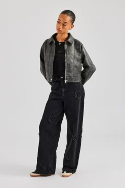 Women CLO-TOP-OUT Washed Oversized PU Jacket - Charcoal