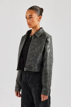 Women CLO-TOP-OUT Washed Oversized PU Jacket - Charcoal