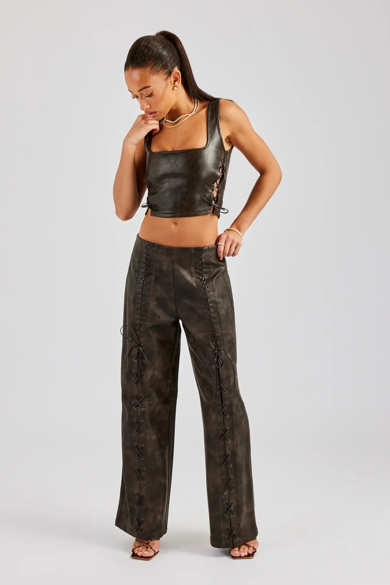 Women CLO-SET Washed PU Square Neck Top & Lace Up Trouser - Brown