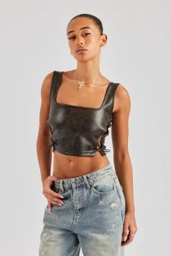 Women CLO-TOP Washed PU Square Neck Top - Brown