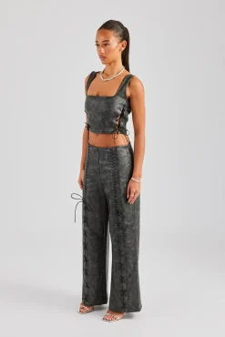 Women CLO-SET Washed PU Square Neck Top & Lace Up Trouser - Charcoal