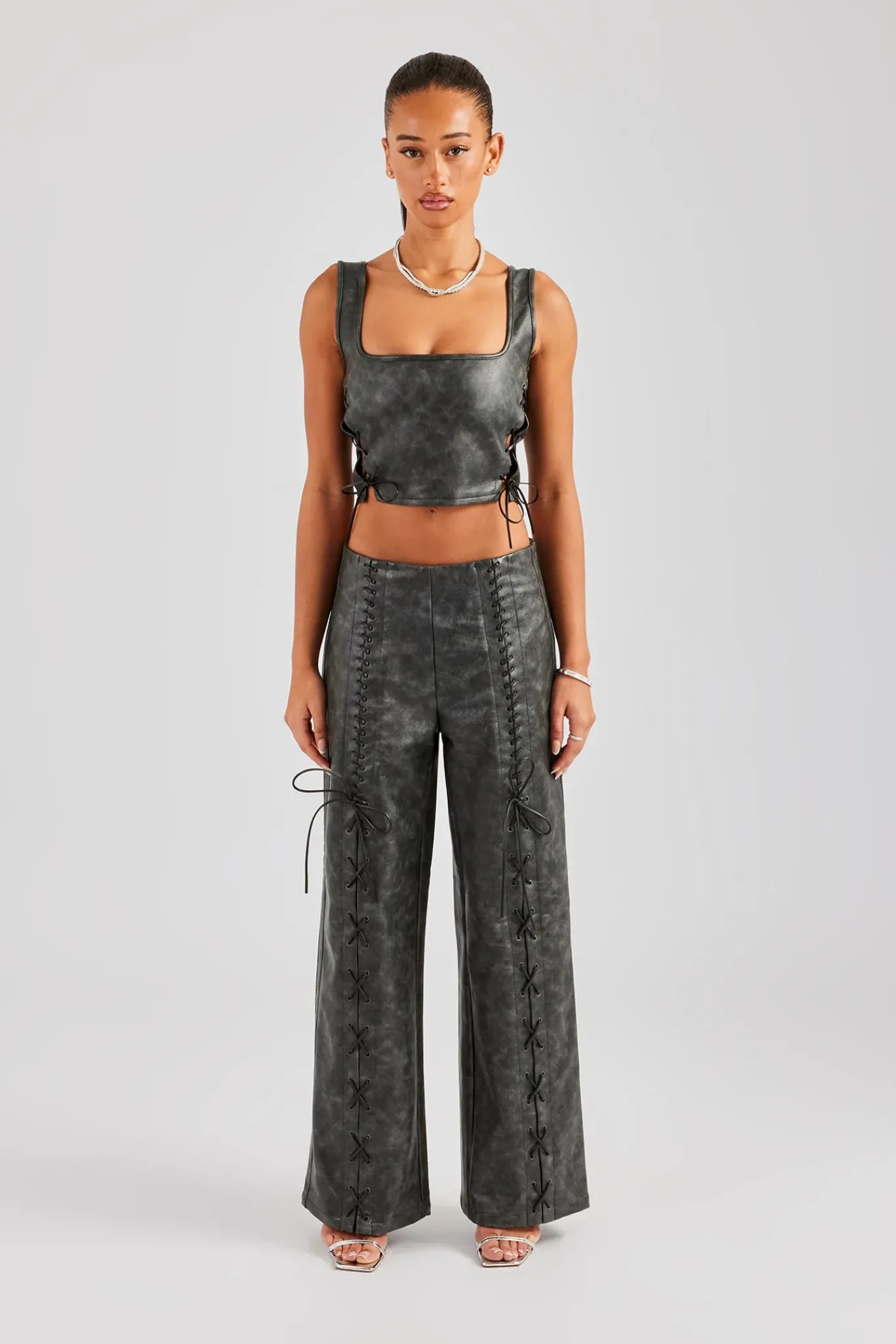 Women CLO-SET Washed PU Square Neck Top & Lace Up Trouser - Charcoal