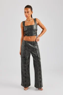 Women CLO-SET Washed PU Square Neck Top & Lace Up Trouser - Charcoal