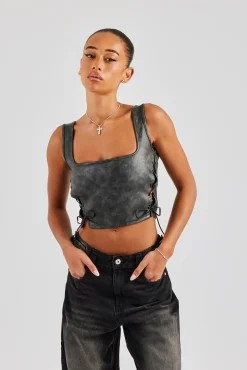 Women CLO-TOP Washed PU Square Neck Top - Charcoal