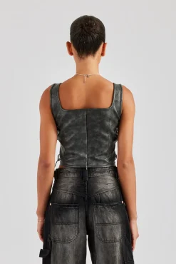 Women CLO-TOP Washed PU Square Neck Top - Charcoal