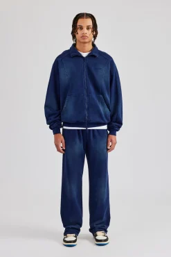 CLO-TOP-HS-HOOD Washed Raglan Seam Detail Zip Through Hoodie - Navy Blue