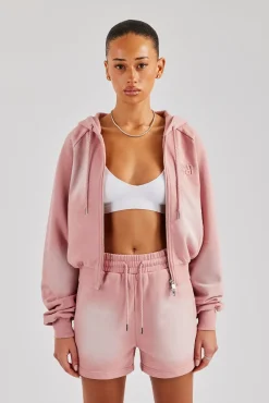 Women CLO-TOP-HS-HOOD Washed Raglan Zip Through Hoodie - Pink