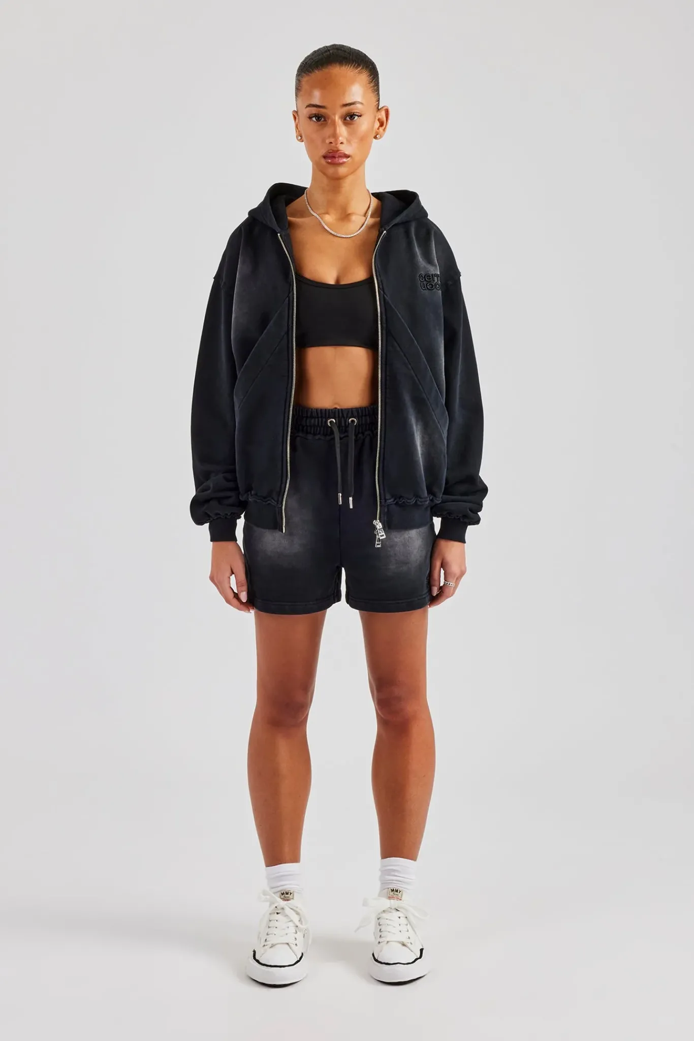Women CLO-SET Washed Zip Through Panel Hoodie & Short - Black