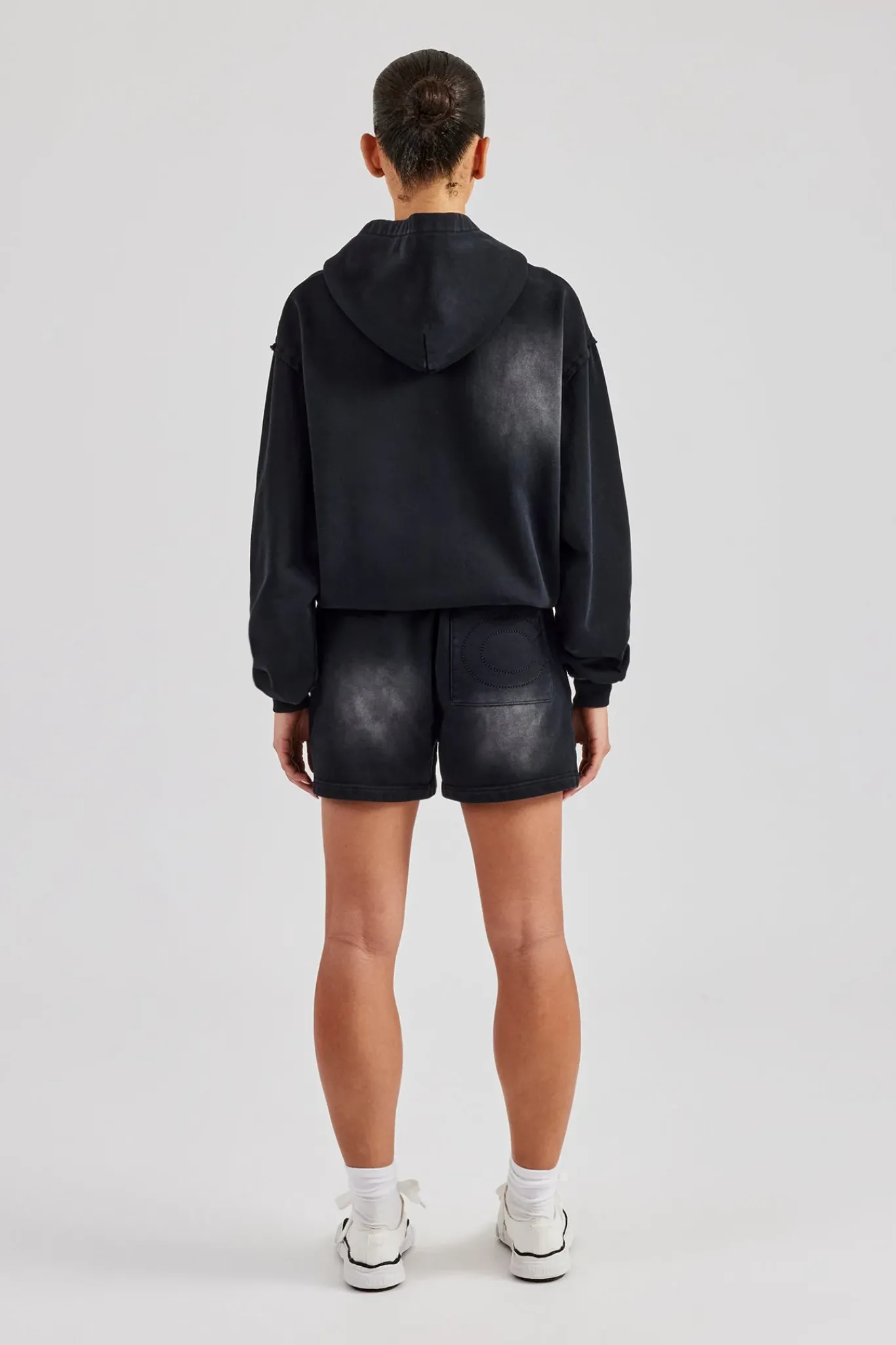 Women CLO-SET Washed Zip Through Panel Hoodie & Short - Black
