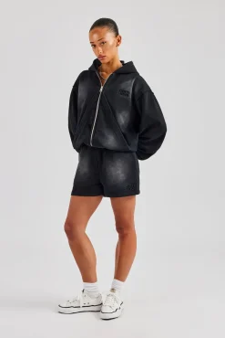 Women CLO-SET Washed Zip Through Panel Hoodie & Short - Black