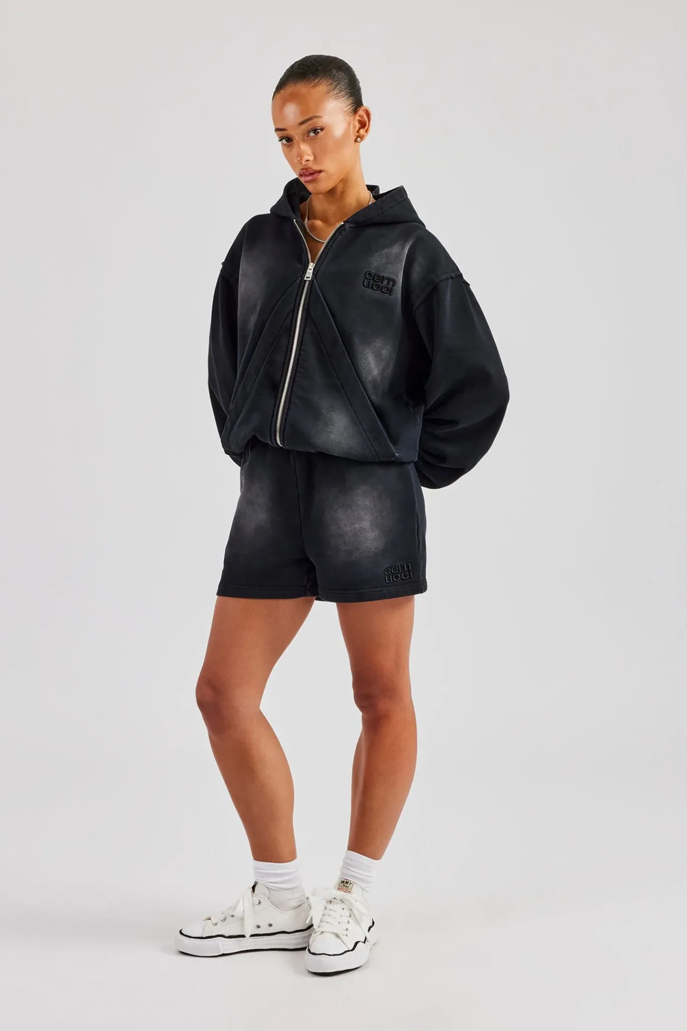 Women CLO-SET Washed Zip Through Panel Hoodie & Short - Black