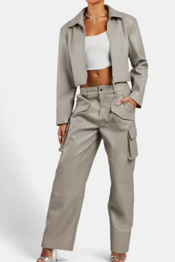 Women CLO-BOT-TRO Wide Leg Faux Leather Cargo Trouser - Beige